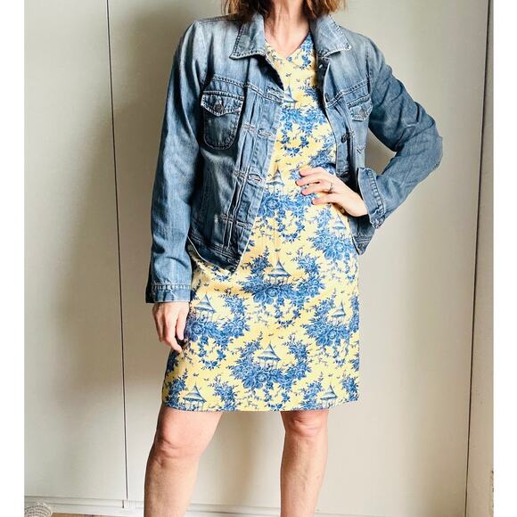 Vintage 90s Toile Print summer Dress Sheath Blue Yellow Size Medium Knee Demure - Picture 1 of 9